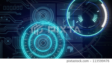 Image of scopes scanning and data processing over digital screen 113599476
