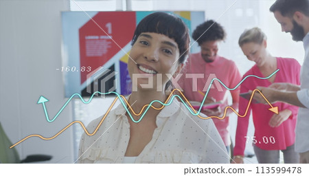 Image of data processing over diverse business people in office 113599478