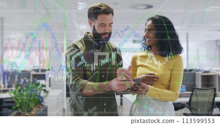 Image of data processing over diverse business people working at office Image of data processing over diverse business people working at office 113599553