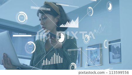 Image of data processing over asian businesswoman working at office Image of data processing over asian businesswoman working at office 113599556