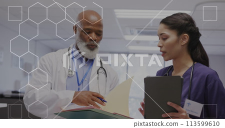 Image of dna strand and data processing over diverse doctors Image of dna strand and data processing over diverse doctors 113599610