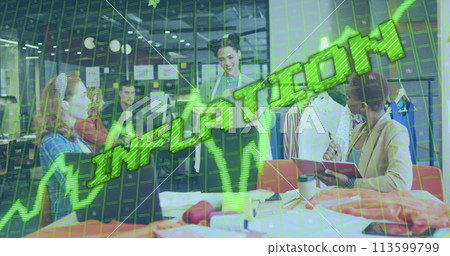 Image of data processing and inflation text over diverse business people working in office Image of data processing and inflation text over diverse business people working in office 113599799