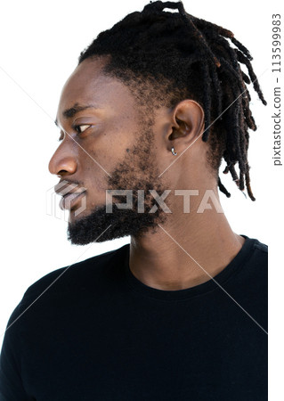 A profile portrait of an African American man with dreadlocks A profile portrait of an African American man with dreadlocks 113599983