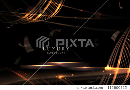 Dark composition with a podium and ribbons of gold and copper shades on a black background Dark composition with a podium and ribbons of gold and copper shades on a black background 113600215