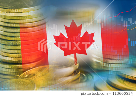 Stock market investment trading financial, coin and Canada flag , finance business trend data background. Stock market investment trading financial, coin and Canada flag , finance business trend data background. 113600534
