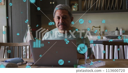 Image of data processing with digital financial icons over worried senior man using laptop 113600720