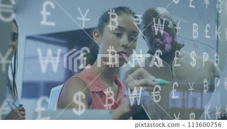 Image of financial data processing and currency symbols over diverse business people Image of financial data processing and currency symbols over diverse business people 113600756