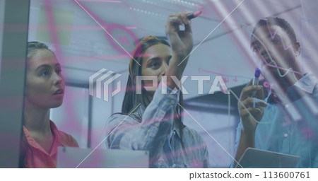 Image of financial data processing over diverse business people in office Image of financial data processing over diverse business people in office 113600761