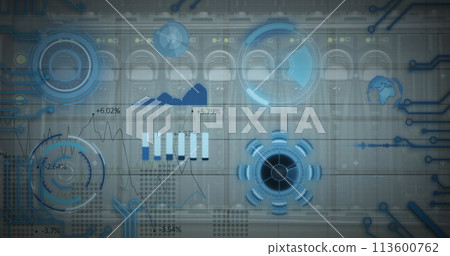 Image of scopes scanning and data processing on computer elements in background 113600762