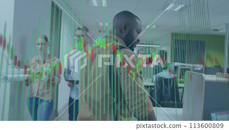 Image of financial data processing over diverse business people in office 113600809