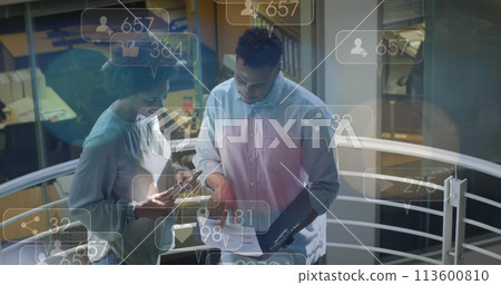 Image of financial data processing over diverse business people in office 113600810