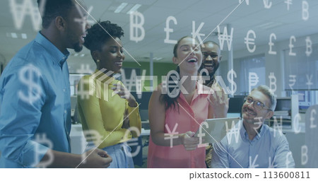 Image of financial data processing and currency symbols over diverse business people 113600811