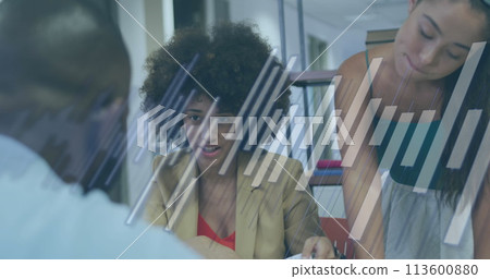 Image of financial data processing over diverse business people in office 113600880