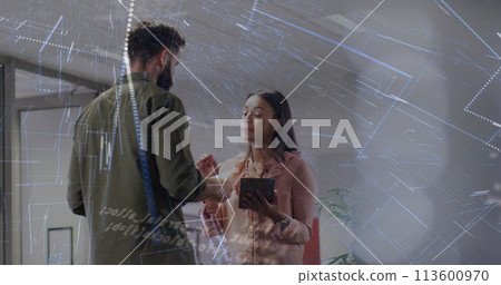 Image of financial data processing over diverse business people using tablet in office Image of financial data processing over diverse business people using tablet in office 113600970