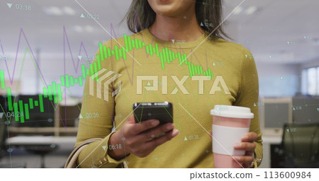 Image of financial data processing over biracial businesswoman using smartphone Image of financial data processing over biracial businesswoman using smartphone 113600984