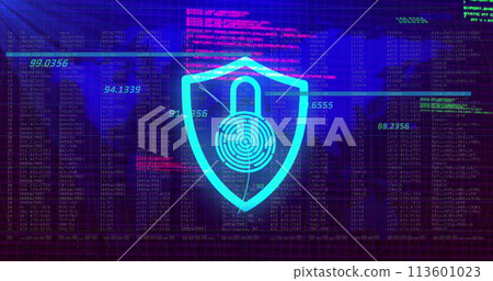 Image of digital shield with padlock and fingerprint over data processing and world map Image of digital shield with padlock and fingerprint over data processing and world map 113601023