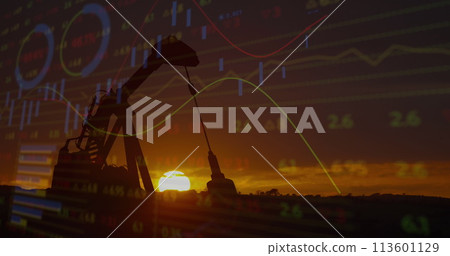 Image of financial data processing with graph over pumpjack on black background 113601129