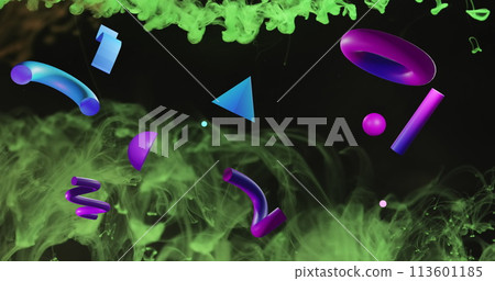 Image of moving shapes and clouds on black background Image of moving shapes and clouds on black background 113601185