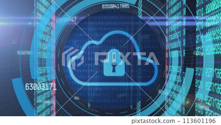 Image of clouds with digital padlock in circle over servers Image of clouds with digital padlock in circle over servers 113601196