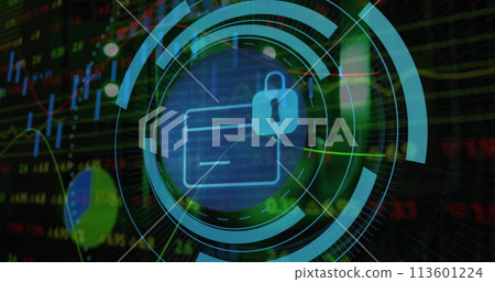 Image of card with digital padlock over data processing 113601224