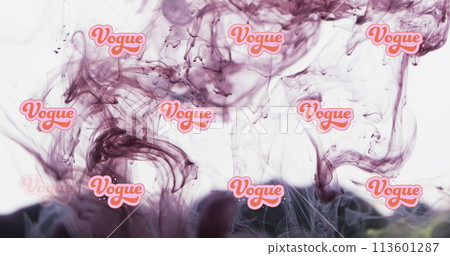 Image of vogue text repeated over black liquid on white background 113601287