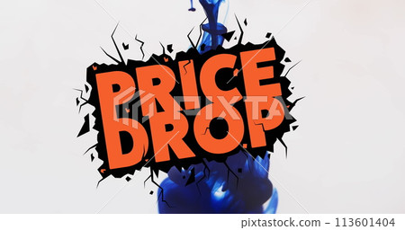 Image of price drop text over blue liquid on w white background 113601404