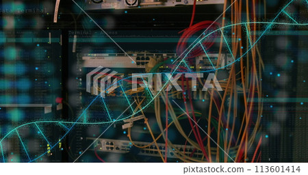 Image of medical data processing over server room Image of medical data processing over server room 113601414