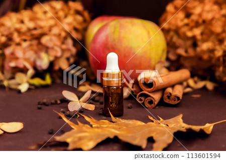 Cosmetic essential oil in gold glass bottle with pipette, cosmetology serum product for moisturizer facial care, apple, cinnamon on brown. skincare product blank package, mockup, mini travel version Cosmetic essential oil in gold glass bottle with pipette, cosmetology serum product for moisturizer facial care, apple, cinnamon on brown. skincare product blank package, mockup, mini travel version 113601594