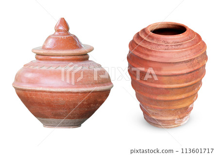 collection earthenware pottery isolated on white background. collection earthenware pottery isolated on white background. 113601717