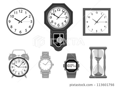 各種類型的時鐘的單色插圖集 113601798
