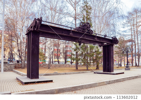 real old bridge crane from early twentieth century in England. outdoor museum exhibit. Yekaterinburg, Russia 5.5.23 real old bridge crane from early twentieth century in England. outdoor museum exhibit. Yekaterinburg, Russia 5.5.23 113602012