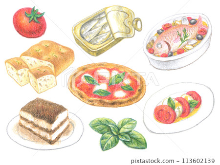 Italian food drawn with colored pencils Italian food drawn with colored pencils 113602139