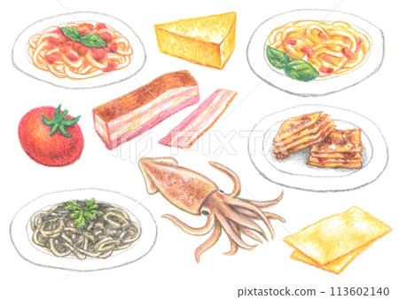 Italian food drawn with colored pencils Italian food drawn with colored pencils 113602140