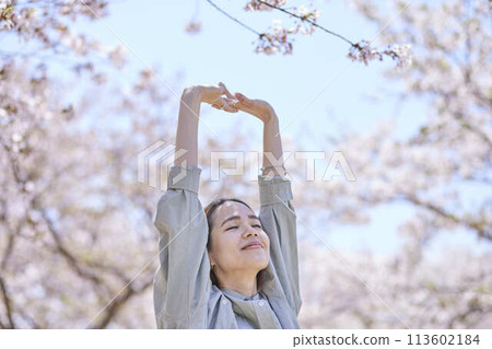 A foreign female tourist stretching under a cherry tree. 113602184