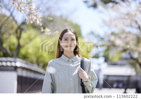 Cherry blossom flurry and inbound tourist woman Cherry blossom flurry and inbound tourist woman 113602222