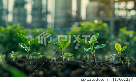 seedling in soil with blur industry factory background. environmental conservation and sustainable 113602257
