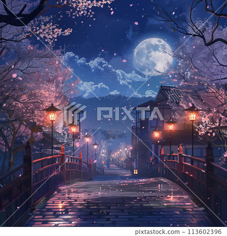 夜櫻滿月，日式建築 113602396