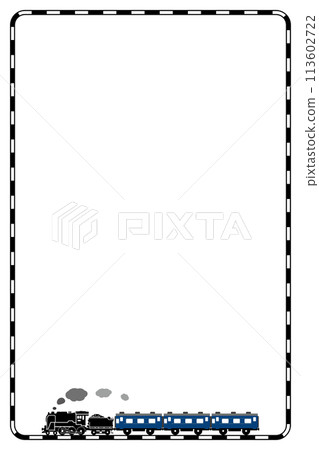 Illustration of a railroad track frame drawn with a pattern brush and a toy-style SL C62 and passenger car (vertical) 113602722