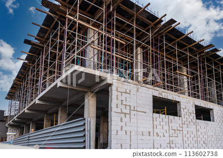 A building under construction with scaffolding and formwork for the 3rd floor. 113602738