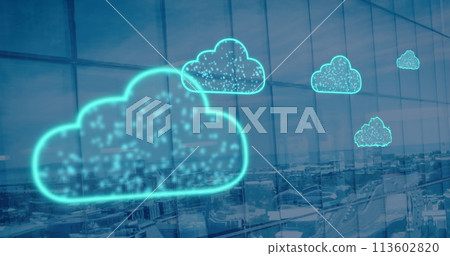 Image of digital clouds flying over cityscape Image of digital clouds flying over cityscape 113602820