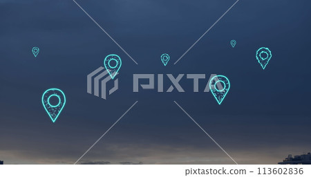 Image of digital location icons flying over landscape Image of digital location icons flying over landscape 113602836
