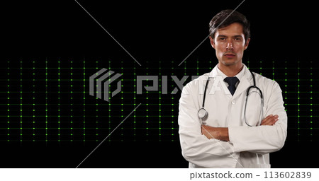 Image of life line over caucasian doctor on black background Image of life line over caucasian doctor on black background 113602839