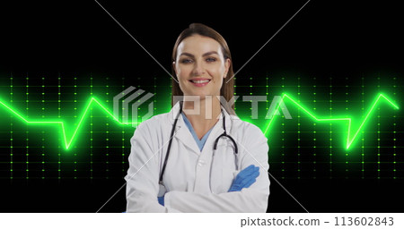 Image of life line over female caucasian doctor on black background Image of life line over female caucasian doctor on black background 113602843