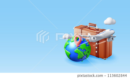 3d vintage travel bag, globe and airplane 3d vintage travel bag, globe and airplane 113602844