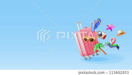 3d palm tree, travel bag, globe and photo camera. 113602853
