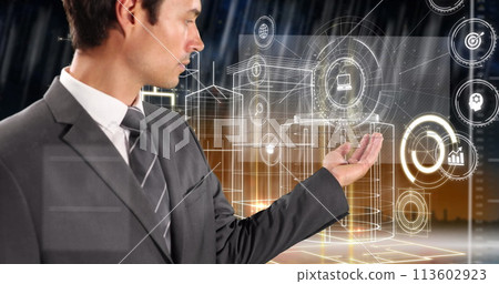 Image of caucasian businessman using touchscreen with diverse data and metaveres cityscape 113602923