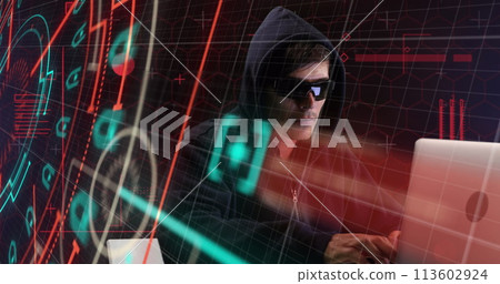 Image of neon shapes over caucasian male hacker in glasses Image of neon shapes over caucasian male hacker in glasses 113602924