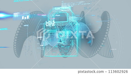 Image of medical data processing with padlock over white background Image of medical data processing with padlock over white background 113602926