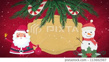 Image of christmas sign with copy space, decorations and snow falling on red background 113602987