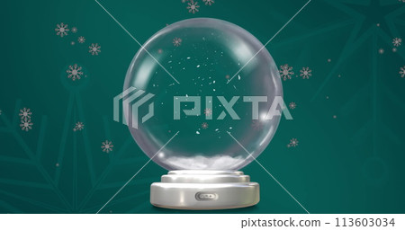 Image of christmas snow globe with snow falling on green background Image of christmas snow globe with snow falling on green background 113603034
